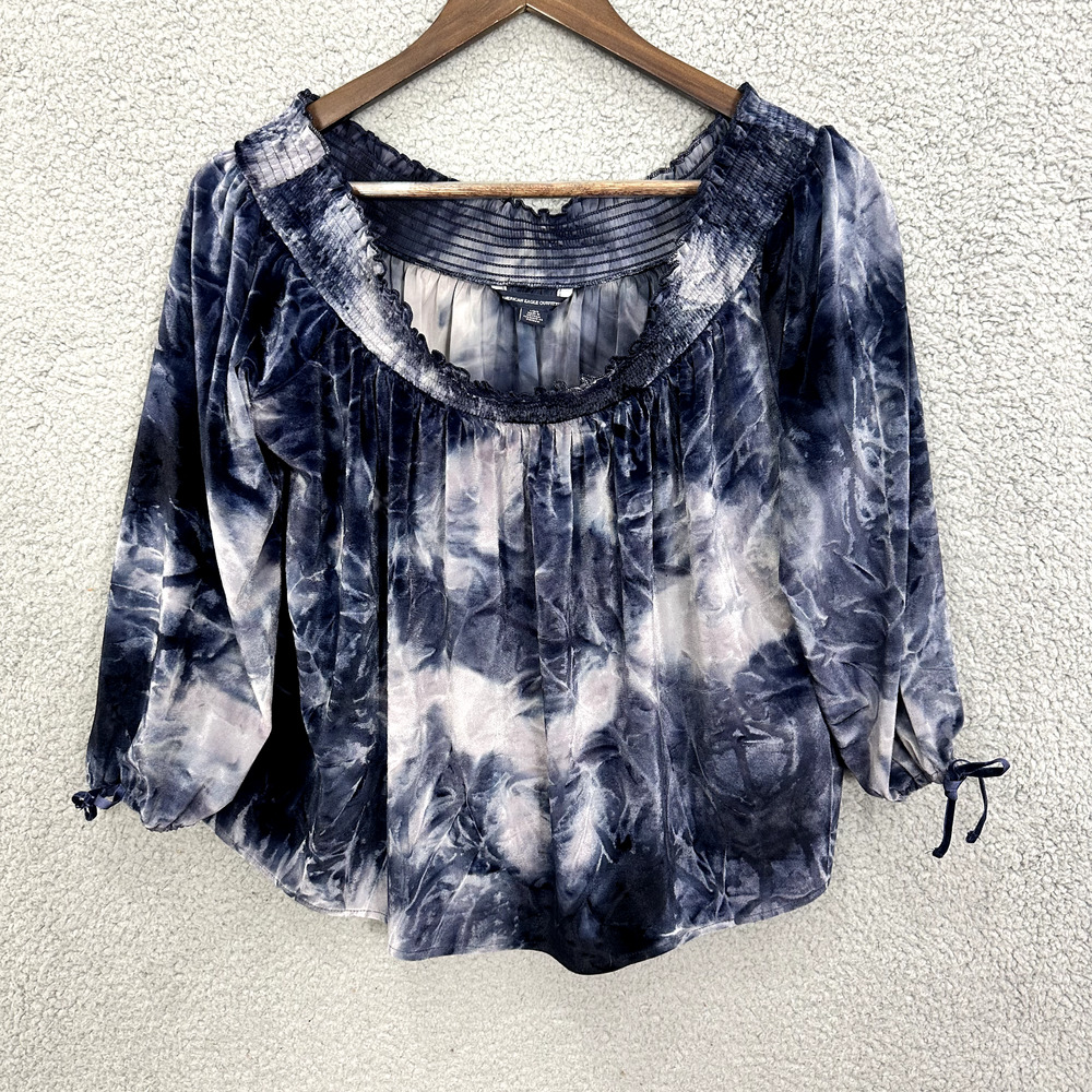 American Eagle Velvet Tie Dye Off The Shoulder Top Womens Large Blue Boho Indie